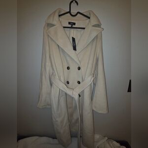 Lulus Women’s Large Cream Belted Wool Blend Coat Double Breasted Long NWT